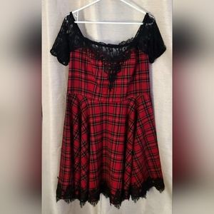Spin Doctor Red Tartan Plaid & Black Lace Skater Dress, 2XL